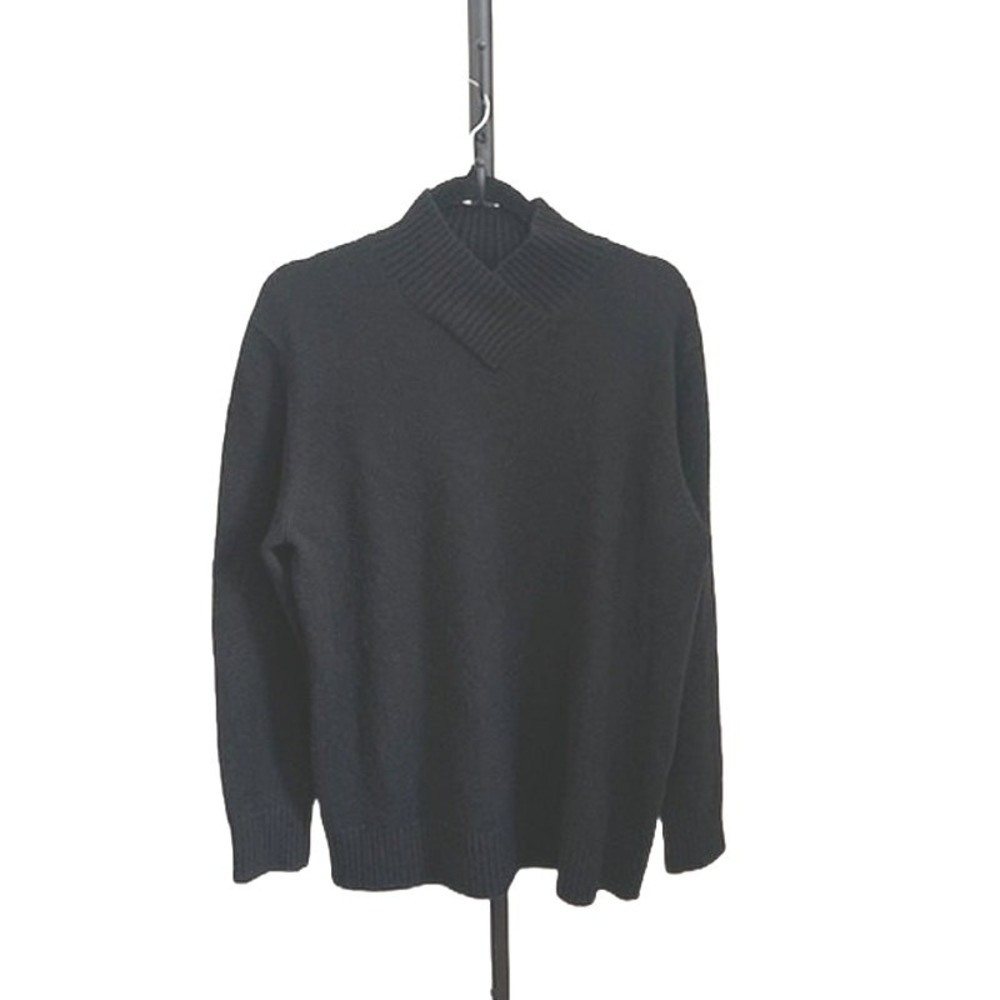 Lands End Womens Black Mock Neck‎ V-Insert Ribbed Pullover Sweater Large 14-16